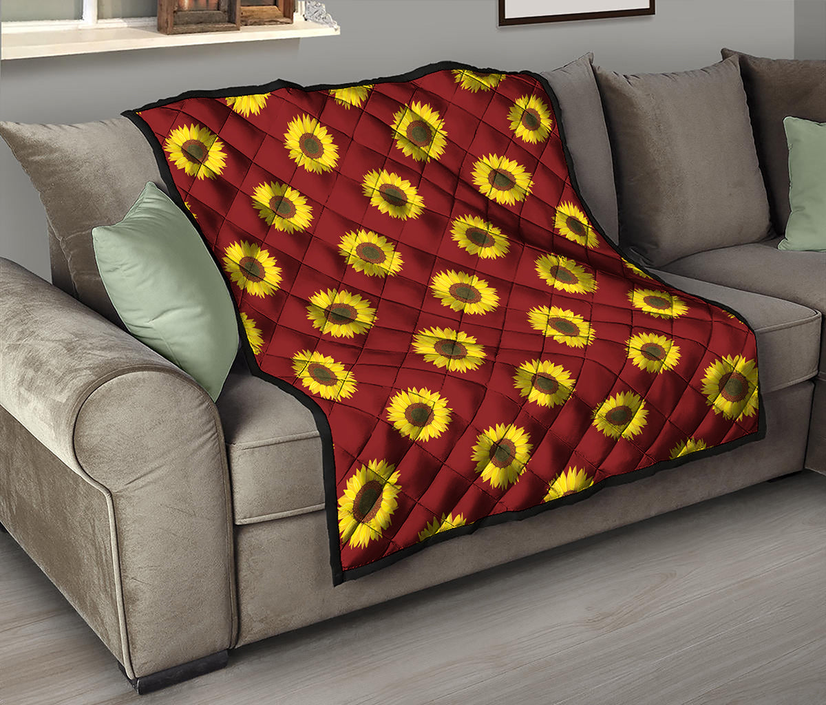 Burgundy Sunflower Pattern Print Quilt
