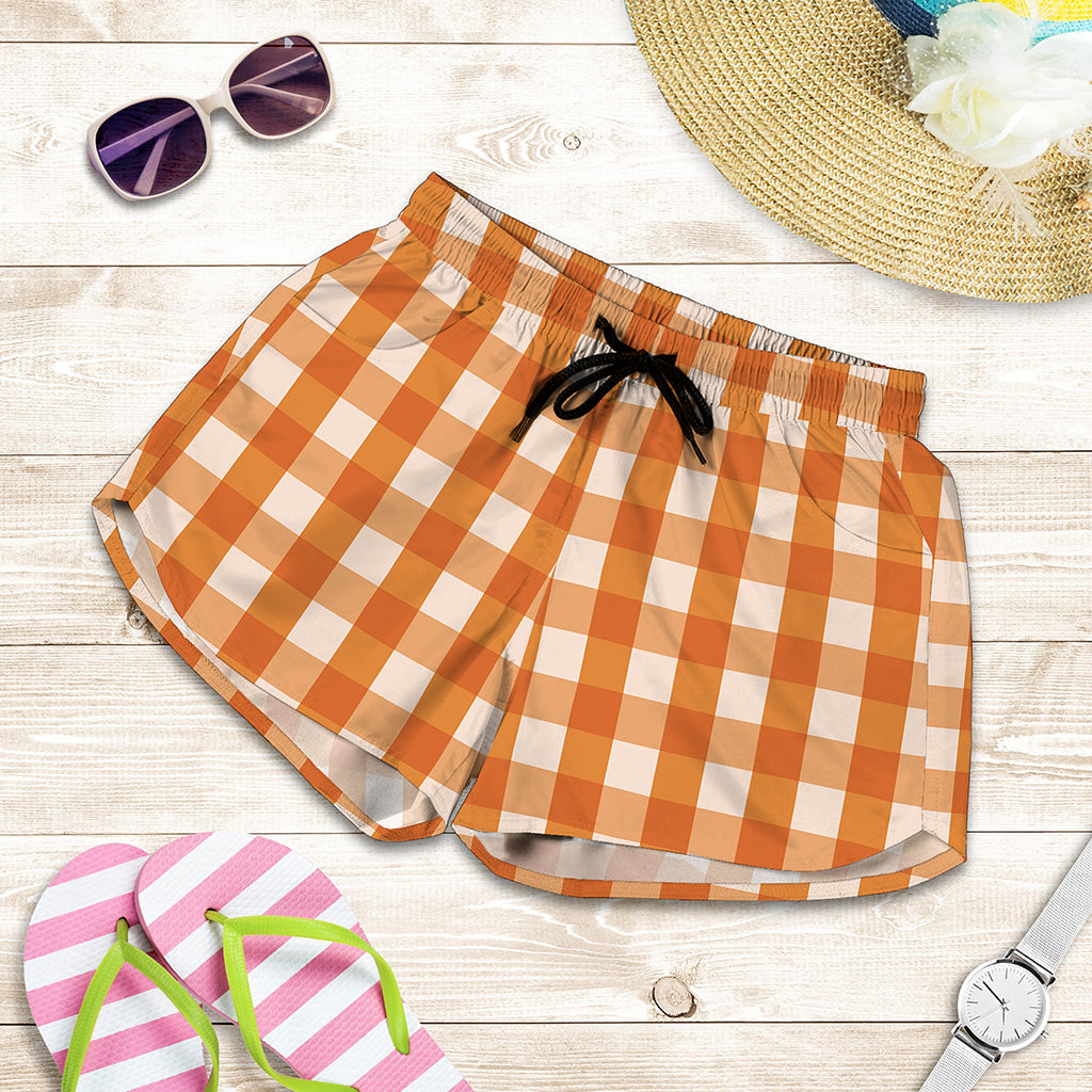Burnt Orange And White Check Print Women's Shorts