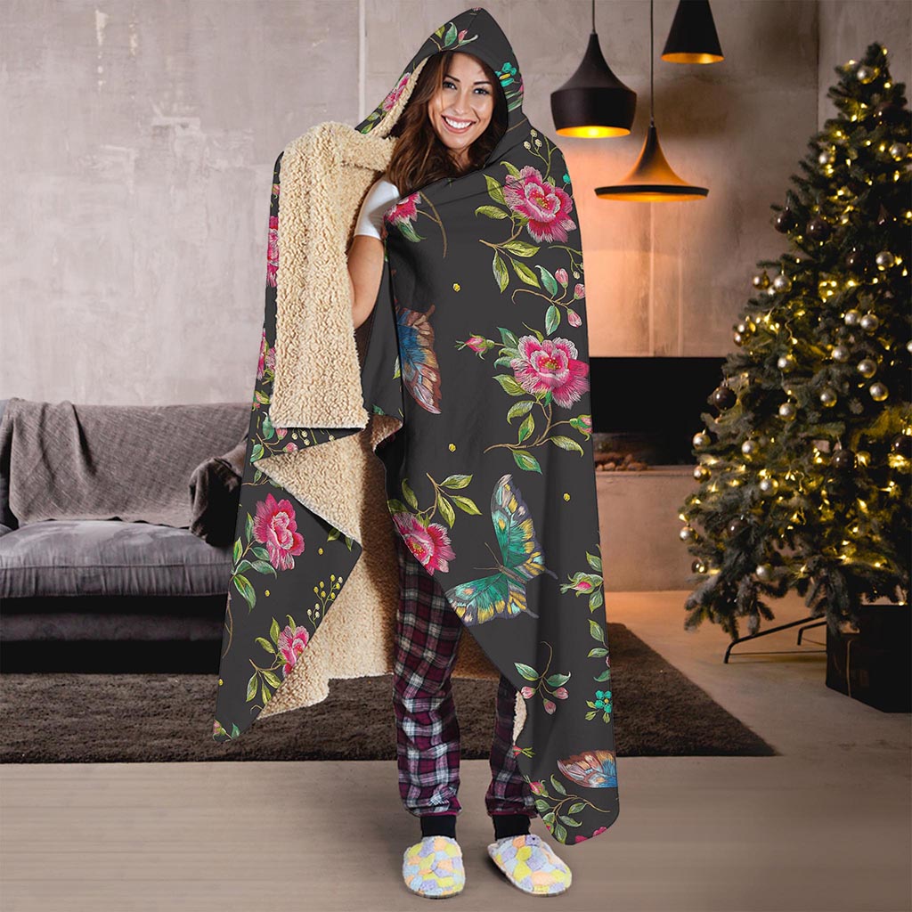 Butterfly And Flower Pattern Print Hooded Blanket