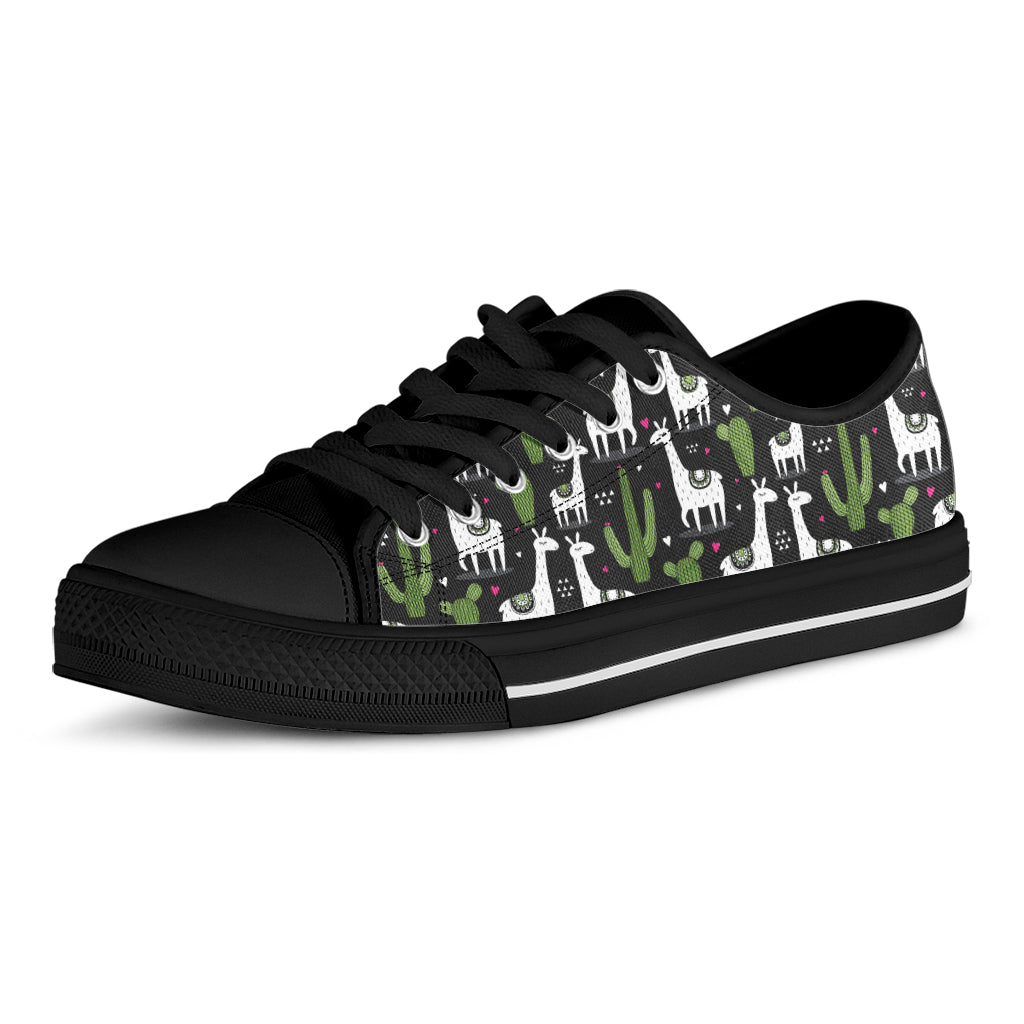 Cactus And Llama Pattern Print Black Low Top Shoes