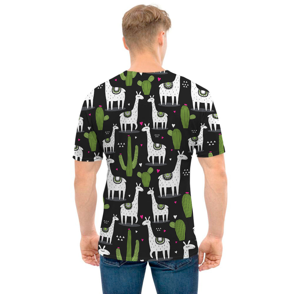 Cactus And Llama Pattern Print Men's T-Shirt