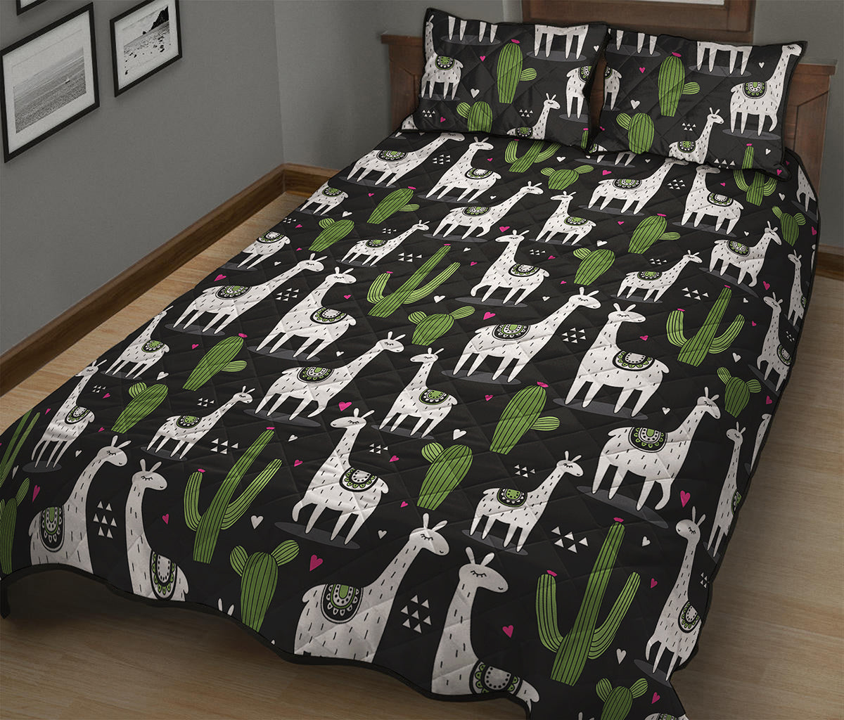 Cactus And Llama Pattern Print Quilt Bed Set