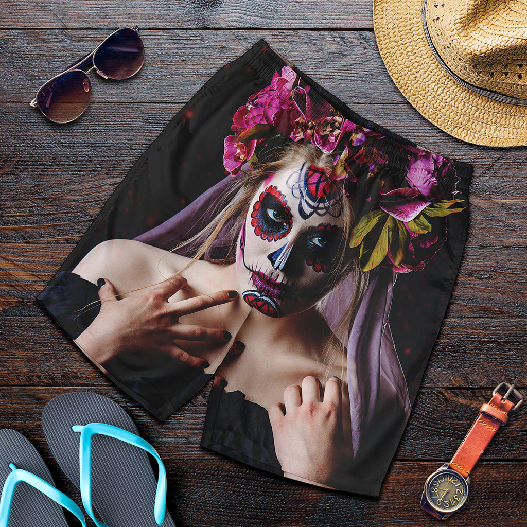 Calavera Girl Day of The Dead Print Men's Shorts