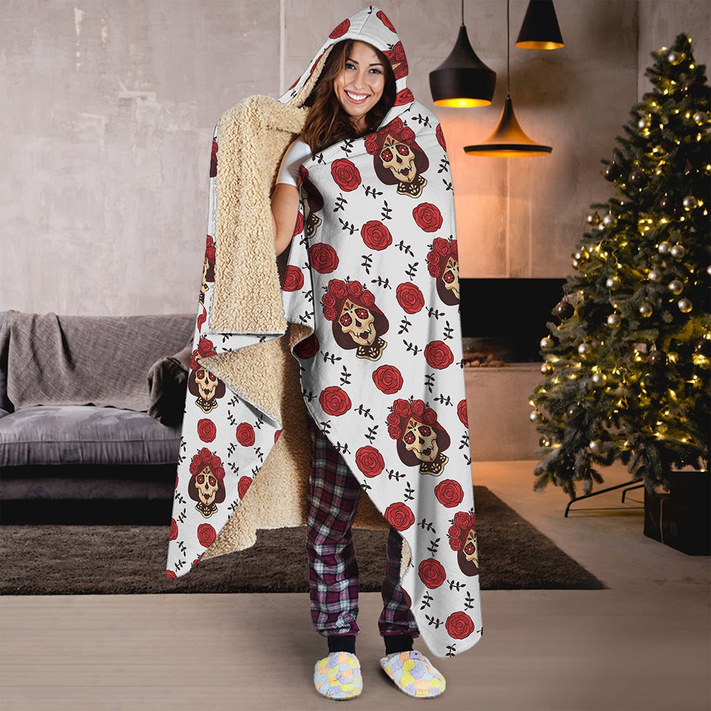 Calavera Girl Skull Pattern Print Hooded Blanket