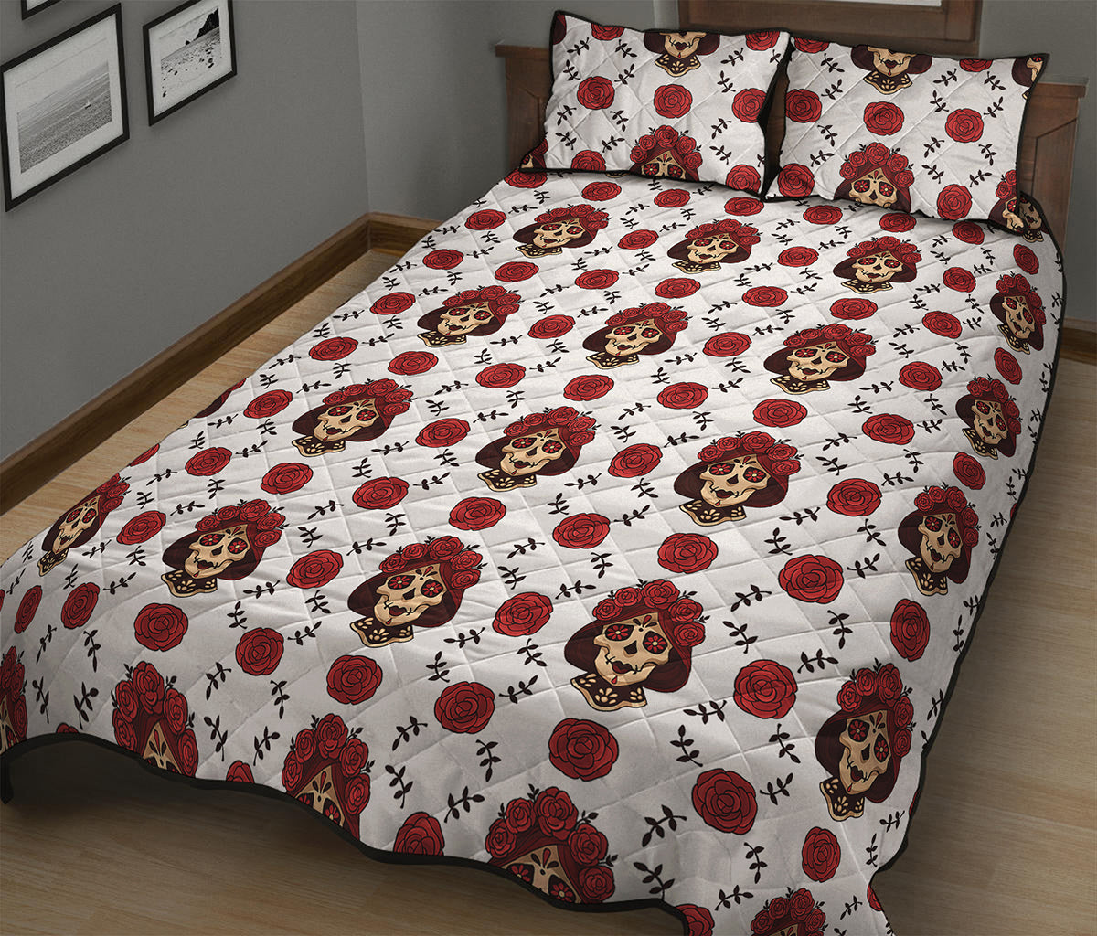 Calavera Girl Skull Pattern Print Quilt Bed Set