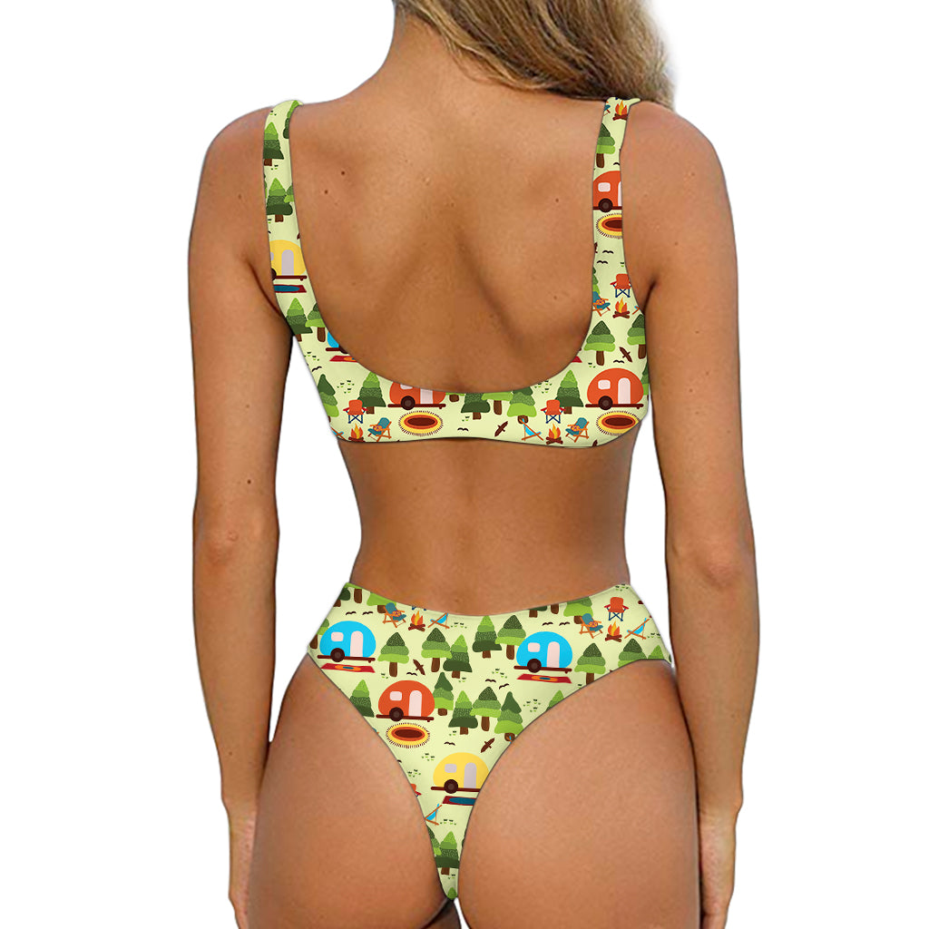 Camping Picnic Pattern Print Front Bow Tie Bikini