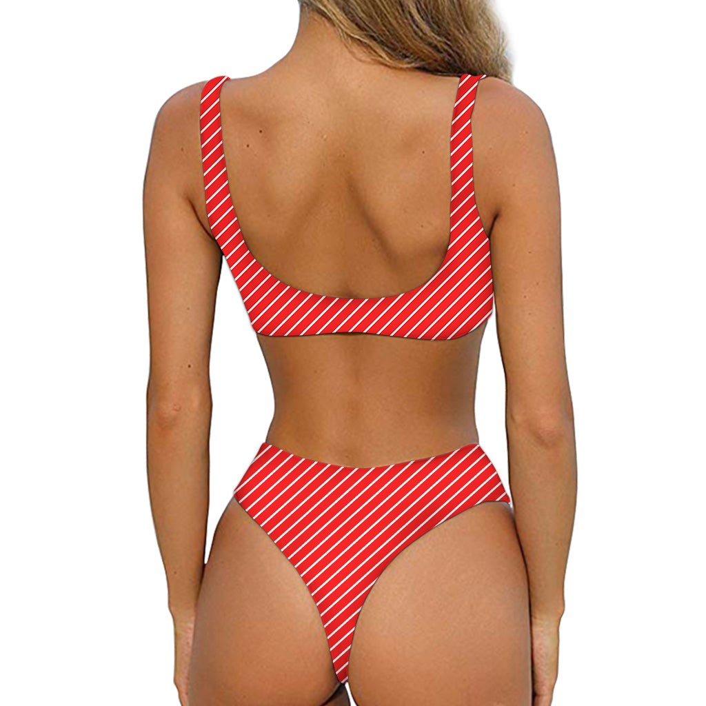 Candy Cane Striped Pattern Print Front Bow Tie Bikini