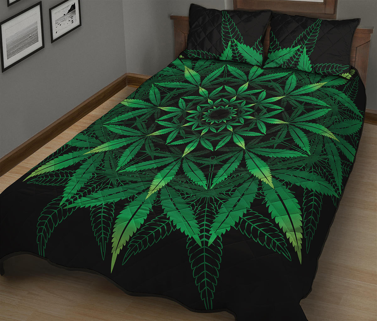 Cannabis Leaf Mandala Print Quilt Bed Set