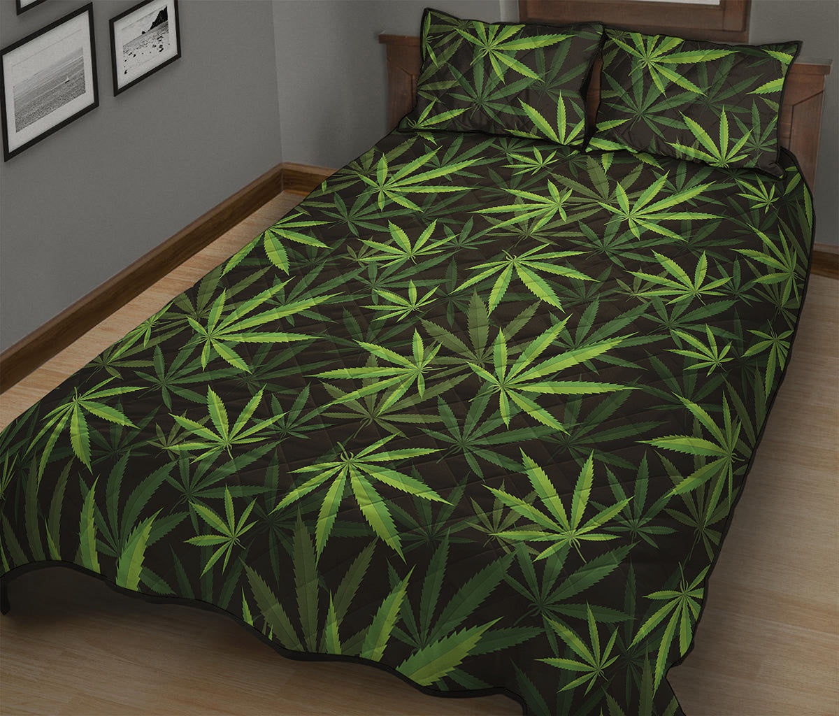 Cannabis Leaves Pattern Print Quilt Bed Set