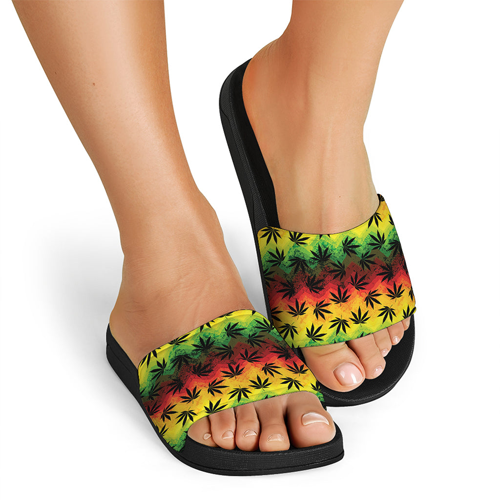 Cannabis Rasta Pattern Print Black Slide Sandals
