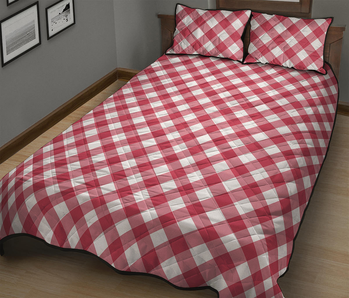 Cardinal Red And White Gingham Print Quilt Bed Set