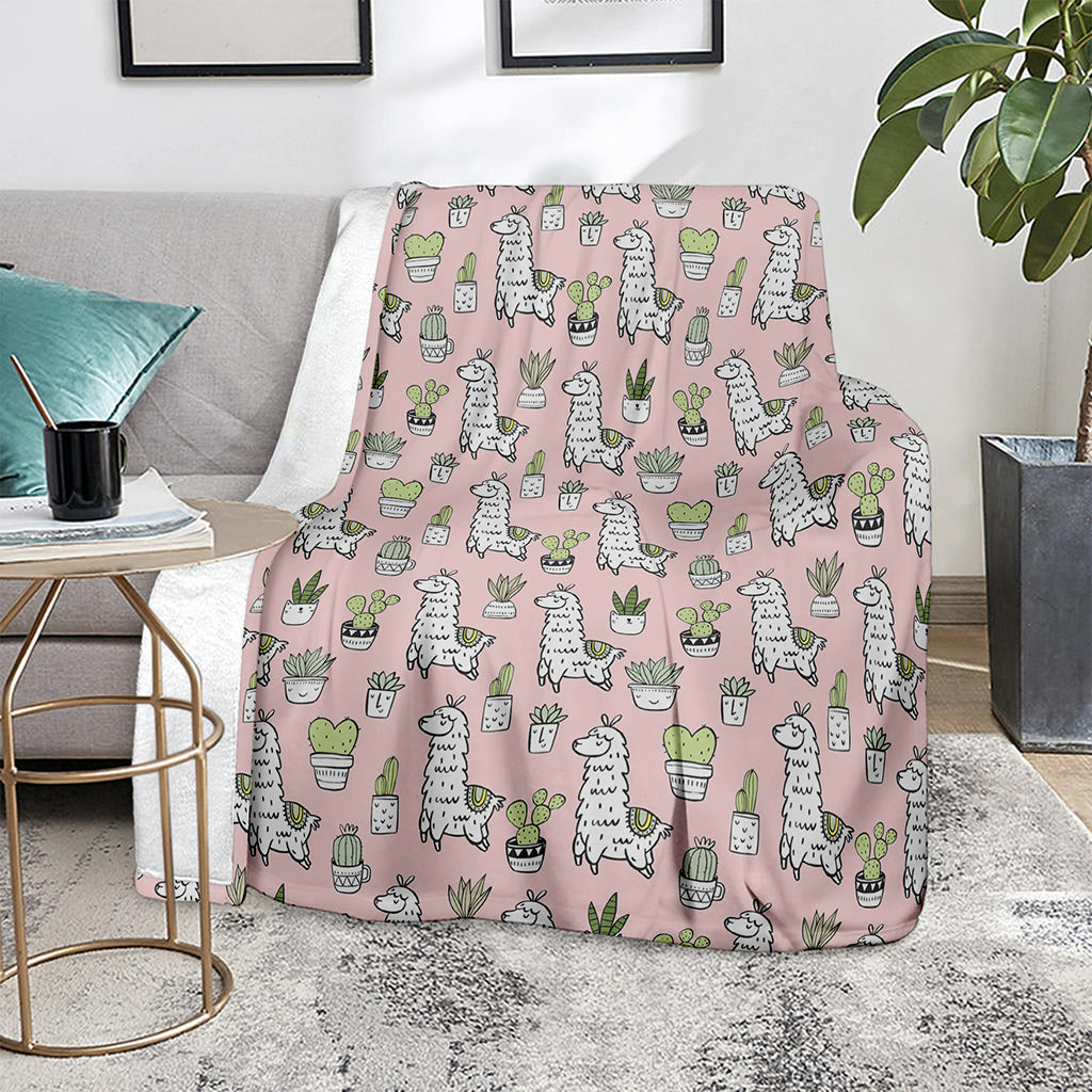 Cartoon Cactus And Llama Pattern Print Blanket