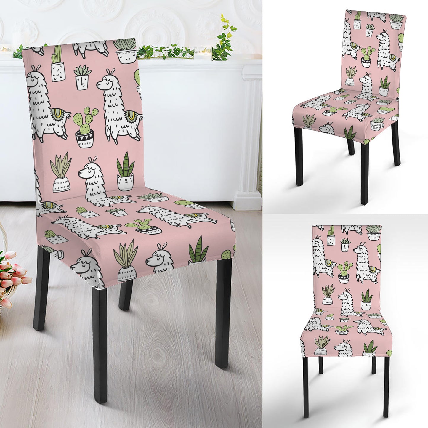 Cartoon Cactus And Llama Pattern Print Dining Chair Slipcover