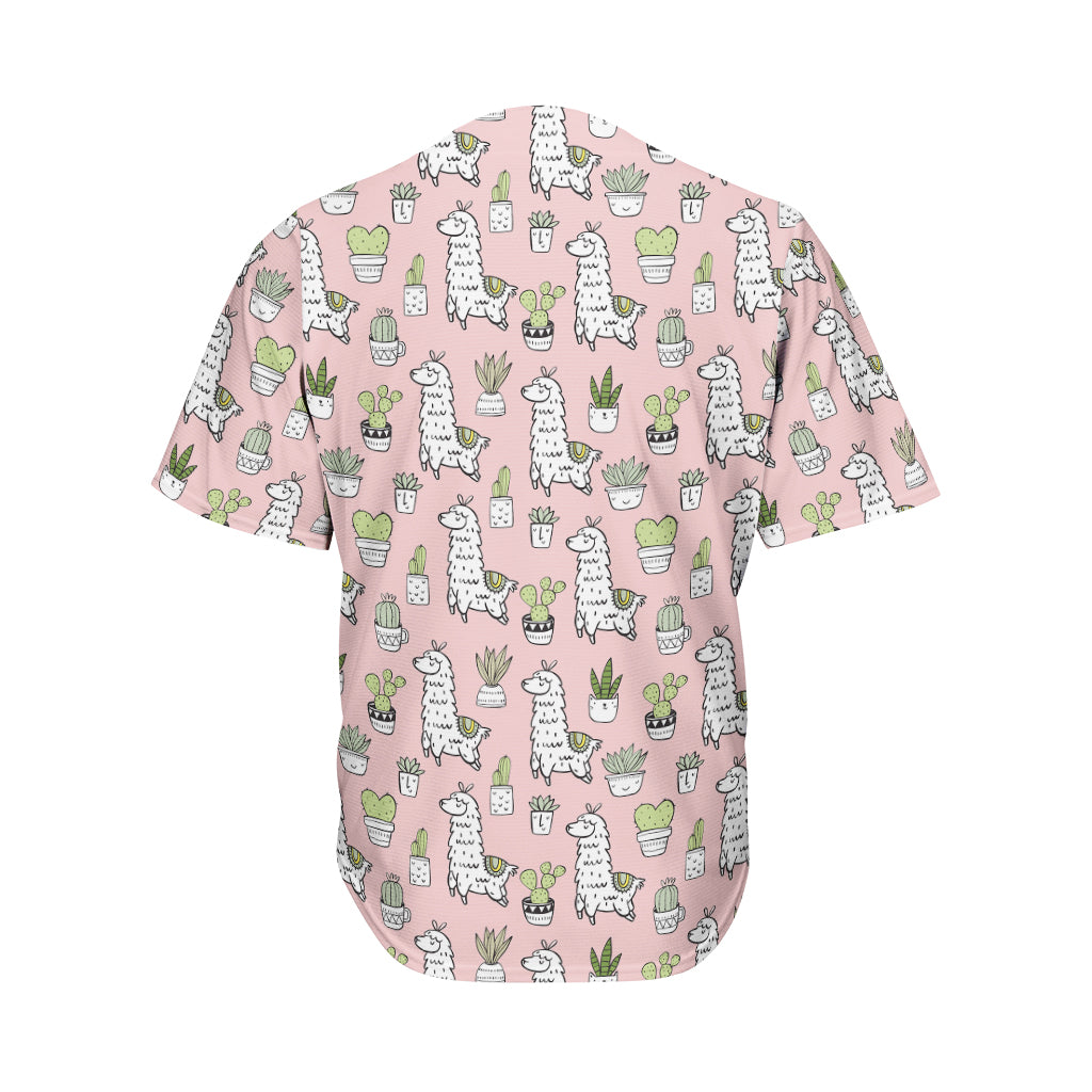 Cartoon Cactus And Llama Pattern Print Men's Baseball Jersey