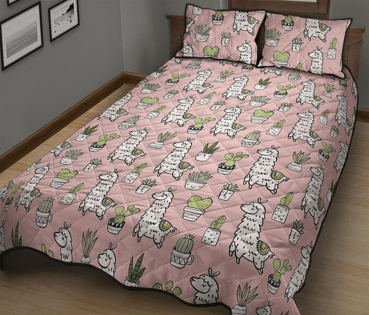 Cartoon Cactus And Llama Pattern Print Quilt Bed Set