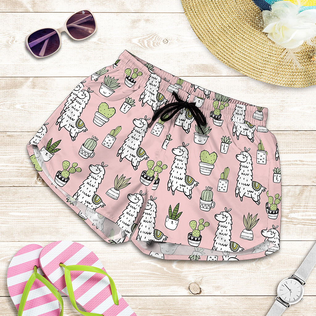 Cartoon Cactus And Llama Pattern Print Women's Shorts