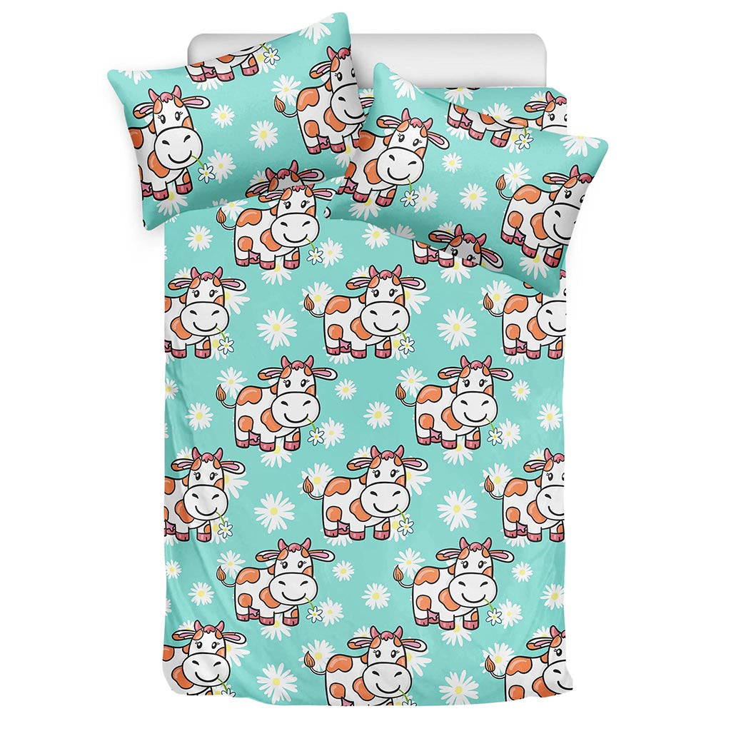 Cartoon Cow And Daisy Flower Print Duvet Cover Bedding Set