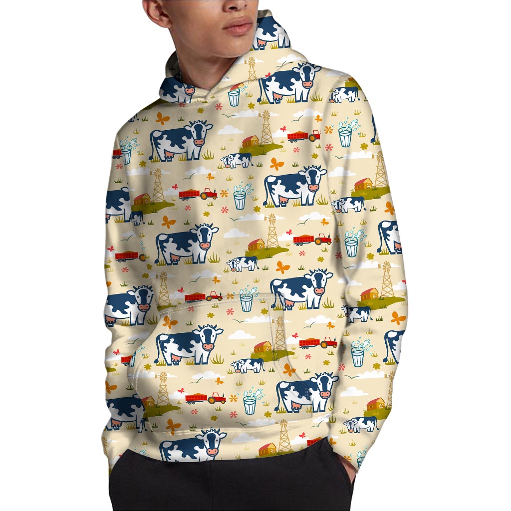 Cartoon Dairy Cow Farm Pattern Print Pullover Hoodie