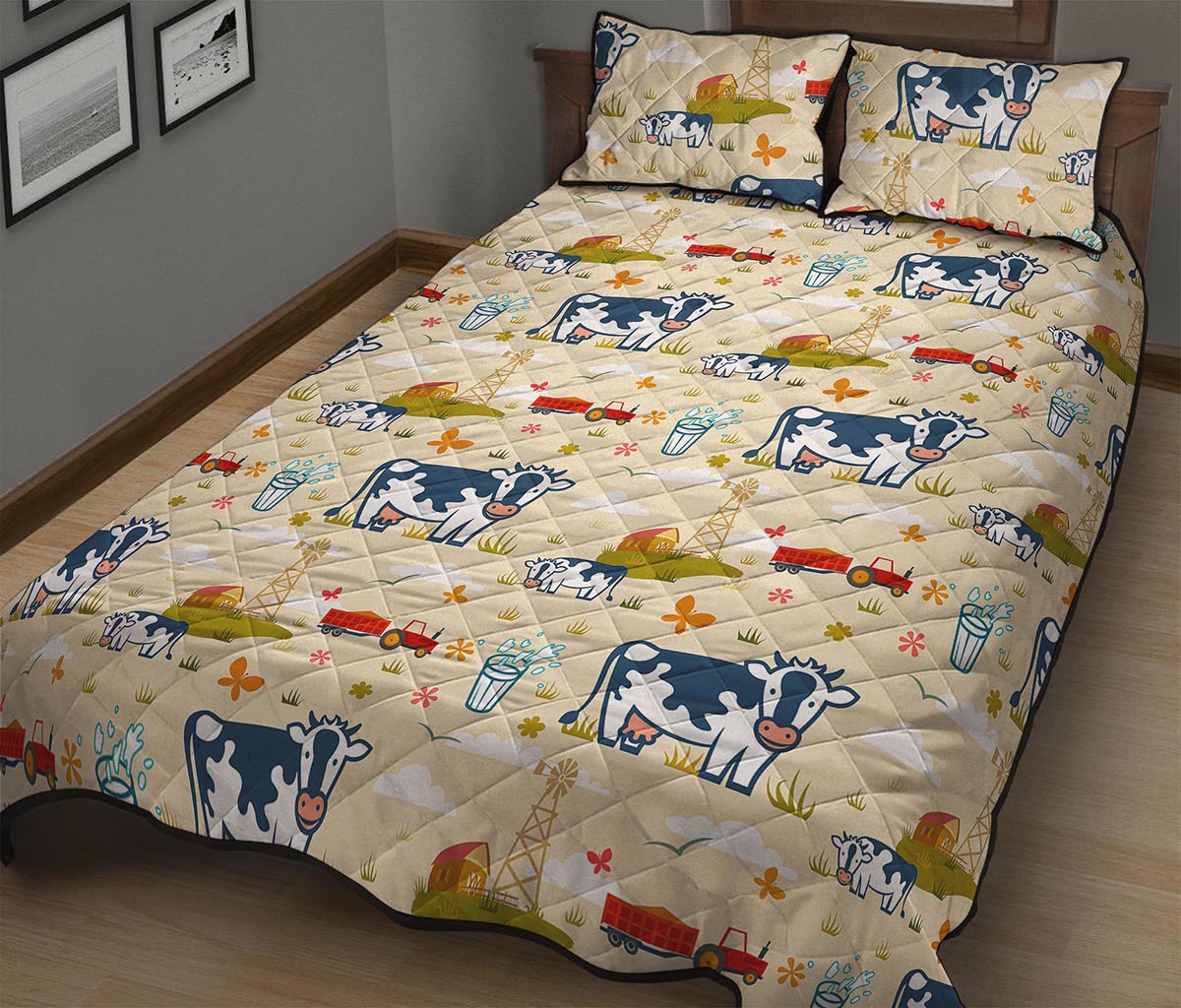 Cartoon Dairy Cow Farm Pattern Print Quilt Bed Set