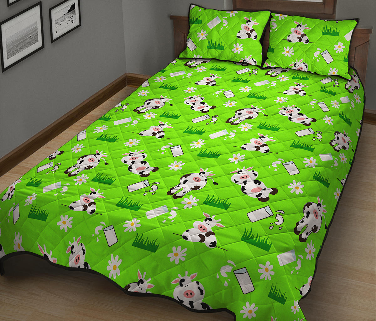 Cartoon Daisy And Cow Pattern Print Quilt Bed Set