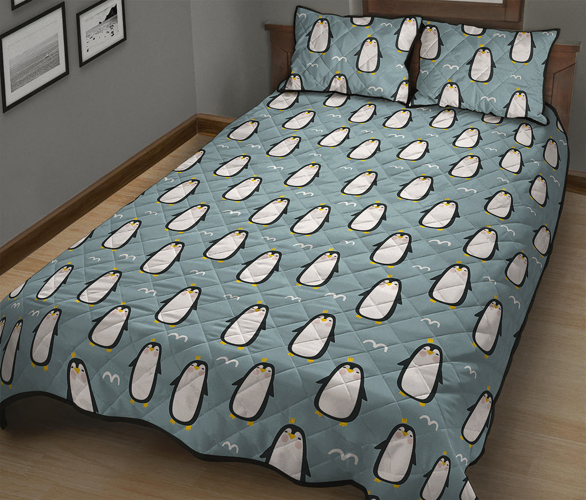Cartoon Emperor Penguin Pattern Print Quilt Bed Set