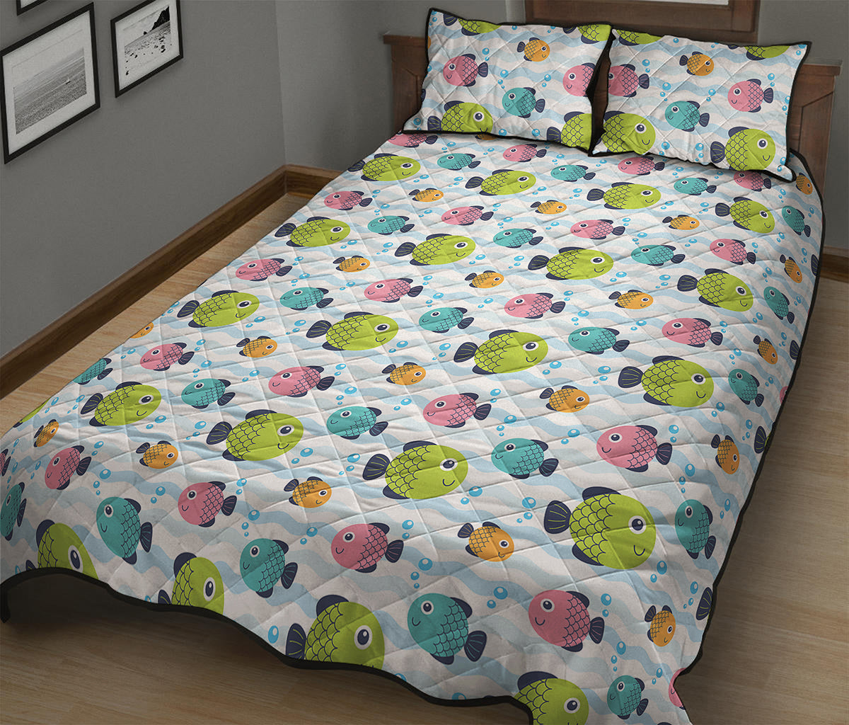 Cartoon Fish Pattern Print Quilt Bed Set