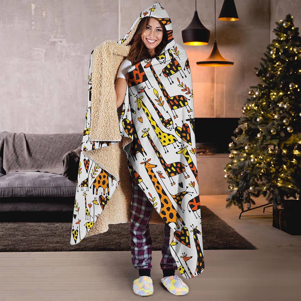 Cartoon Giraffe Pattern Print Hooded Blanket