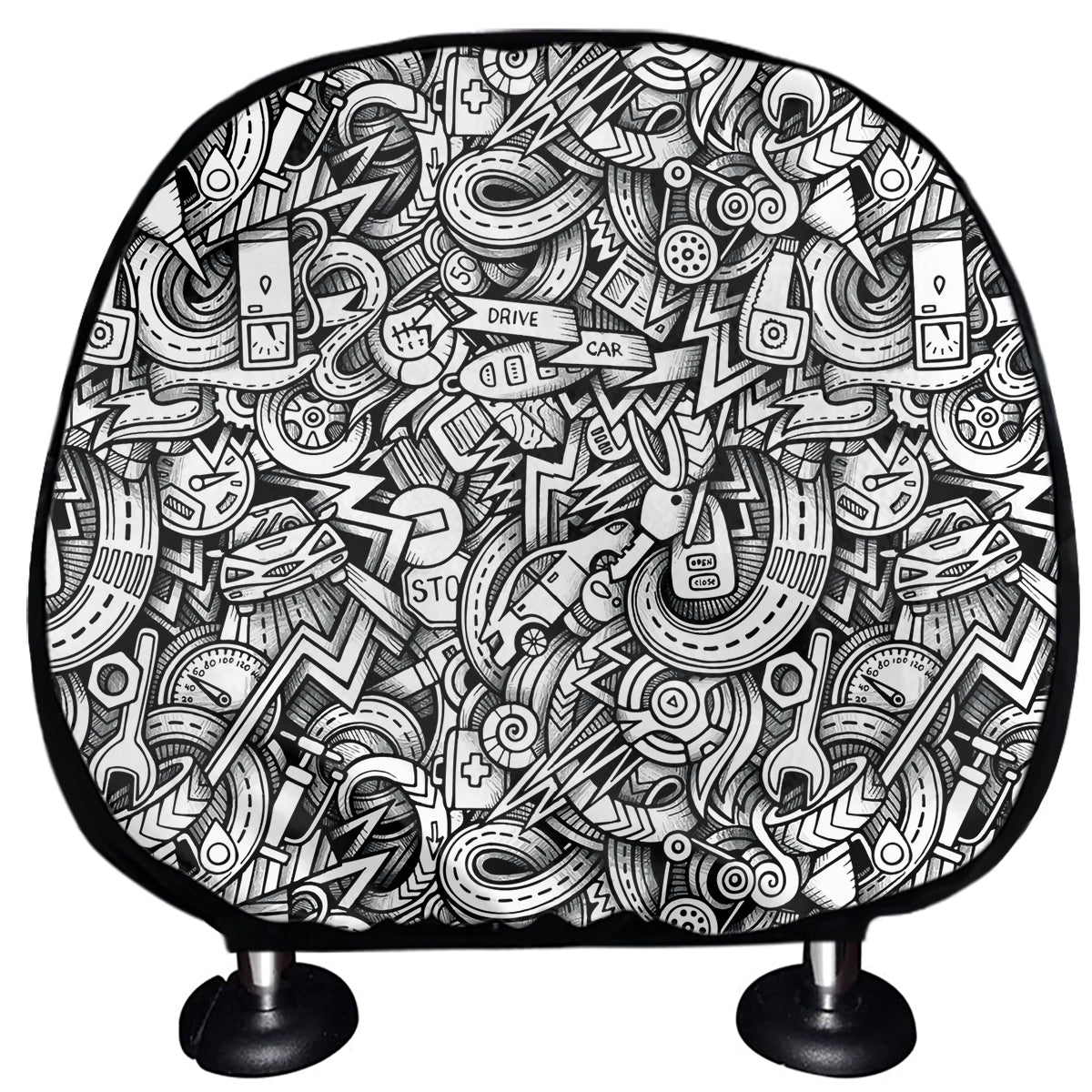 Cartoon Mechanic Pattern Print Car Headrest Covers
