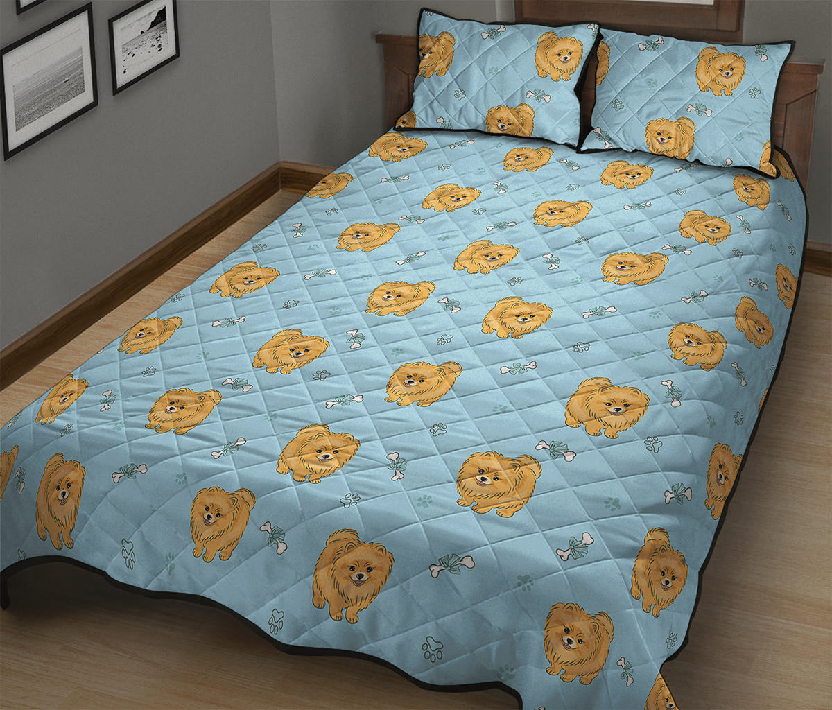 Cartoon Pomeranian Pattern Print Quilt Bed Set