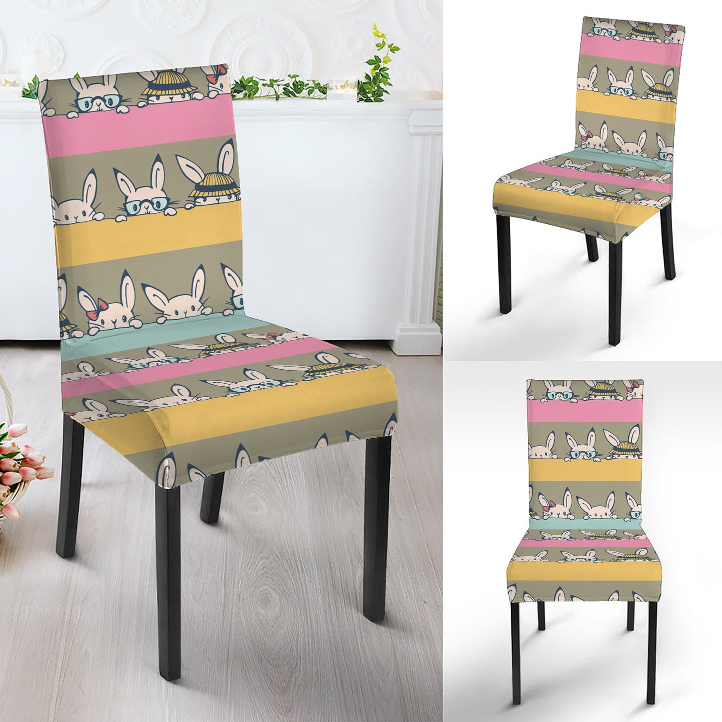 Cartoon Rabbit Pattern Print Dining Chair Slipcover
