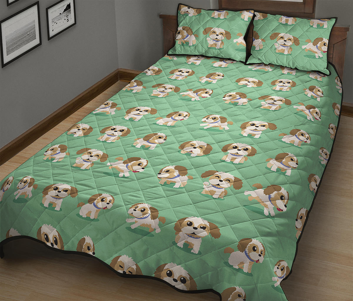 Cartoon Shih Tzu Pattern Print Quilt Bed Set