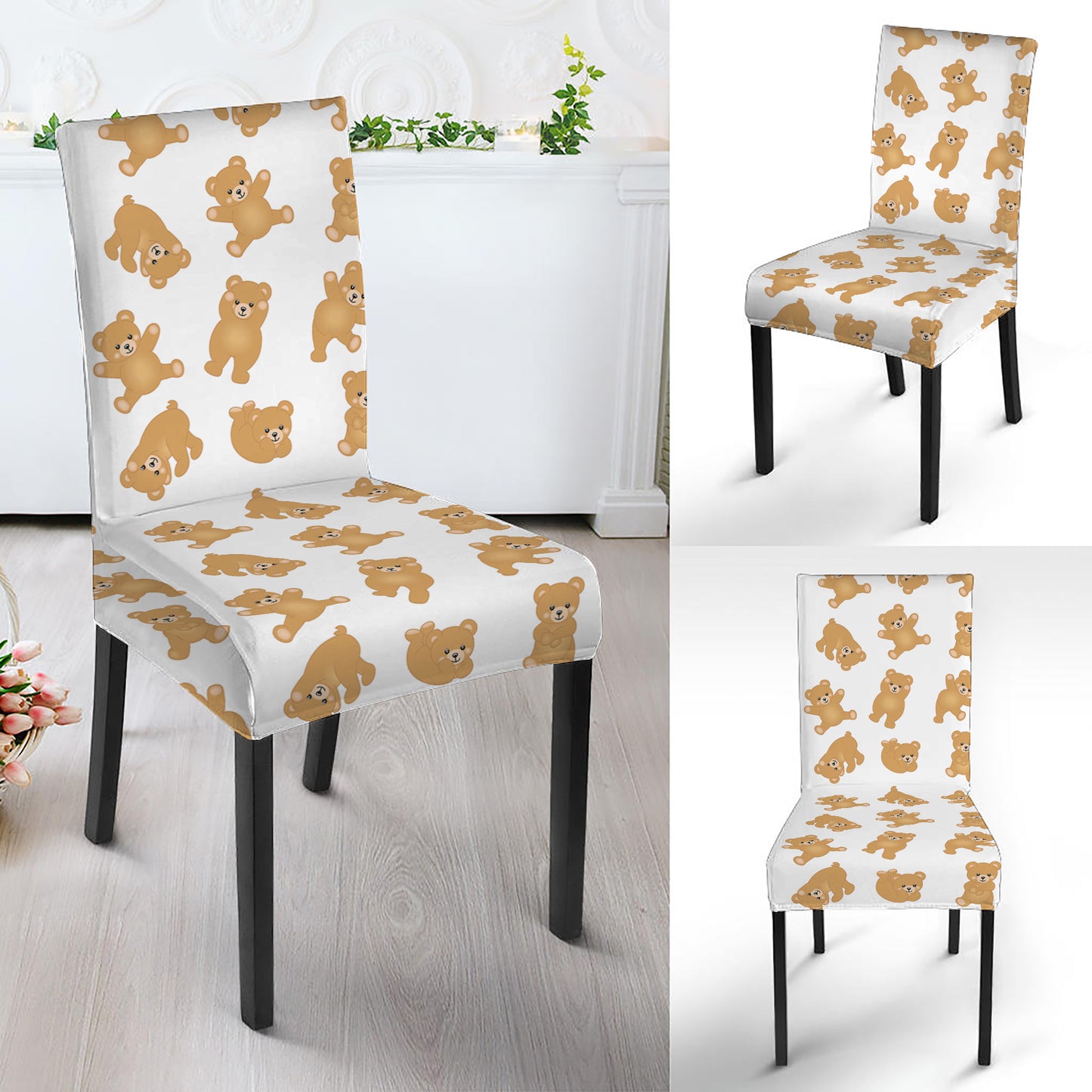 Cartoon Teddy Bear Pattern Print Dining Chair Slipcover
