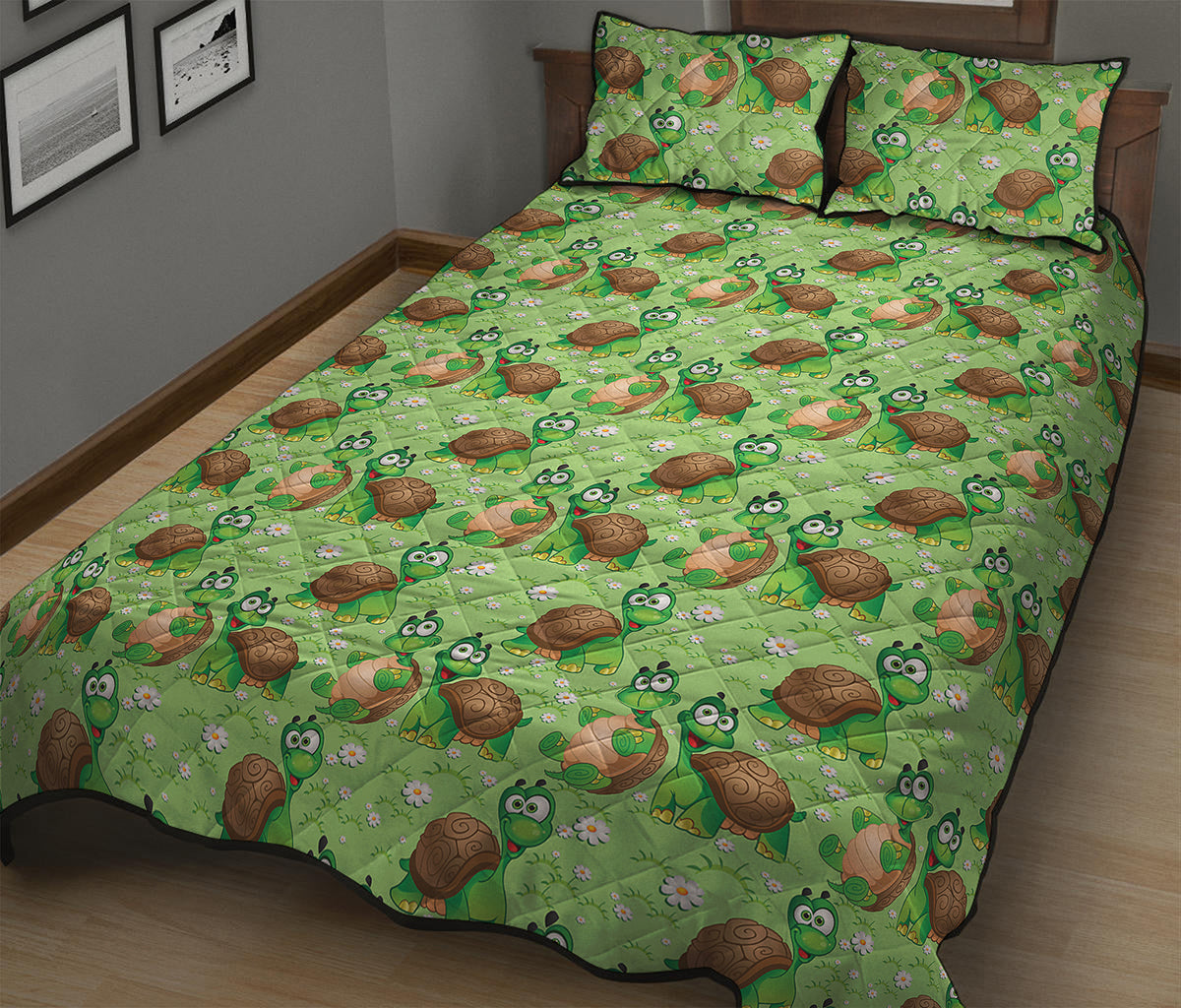 Cartoon Turtle Pattern Print Quilt Bed Set
