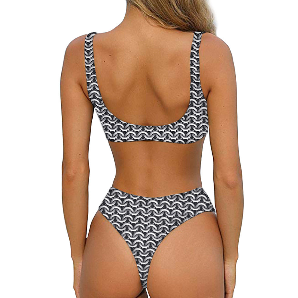 Chainmail Texture Print Front Bow Tie Bikini
