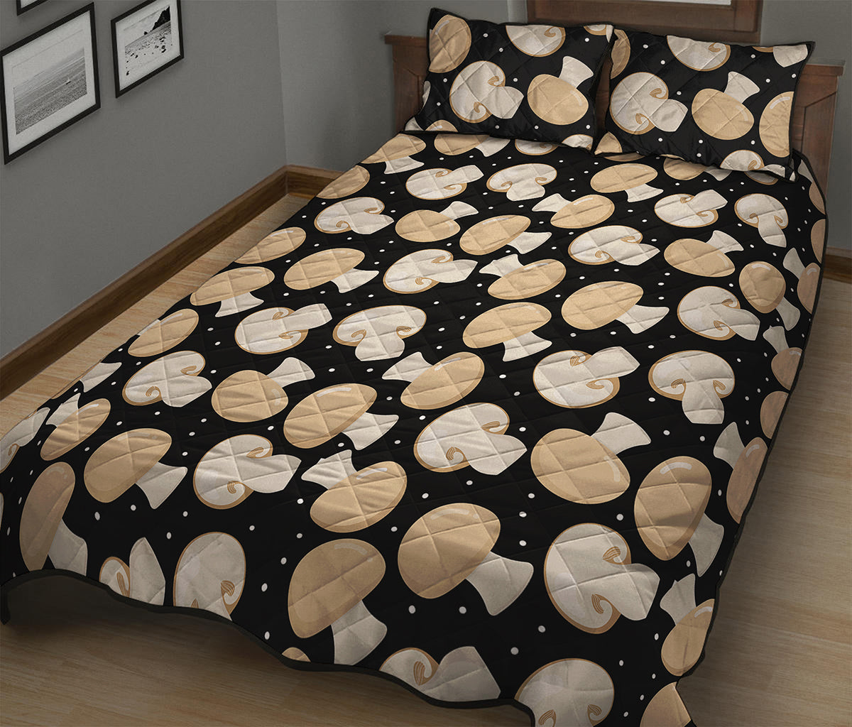 Champignon Mushroom Pattern Print Quilt Bed Set