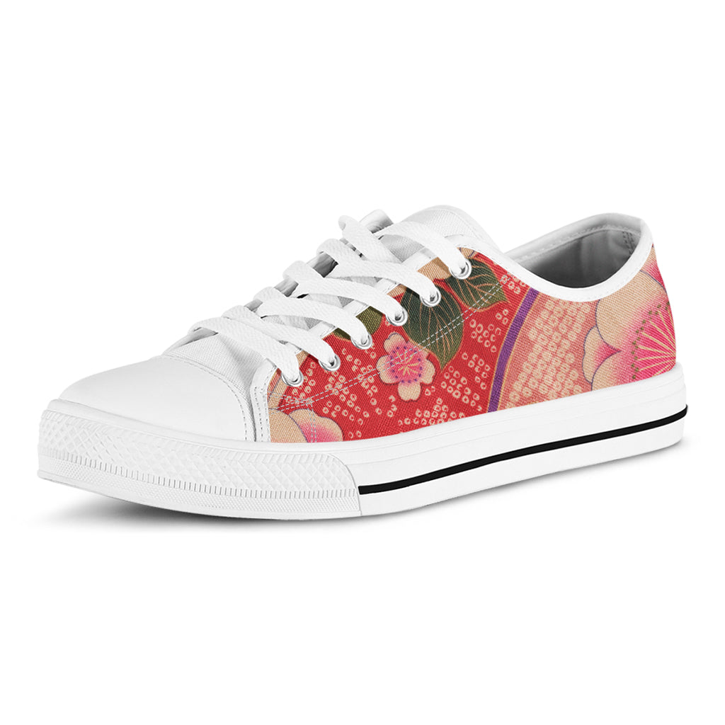 Cherry Blossom Kimono Pattern Print White Low Top Shoes