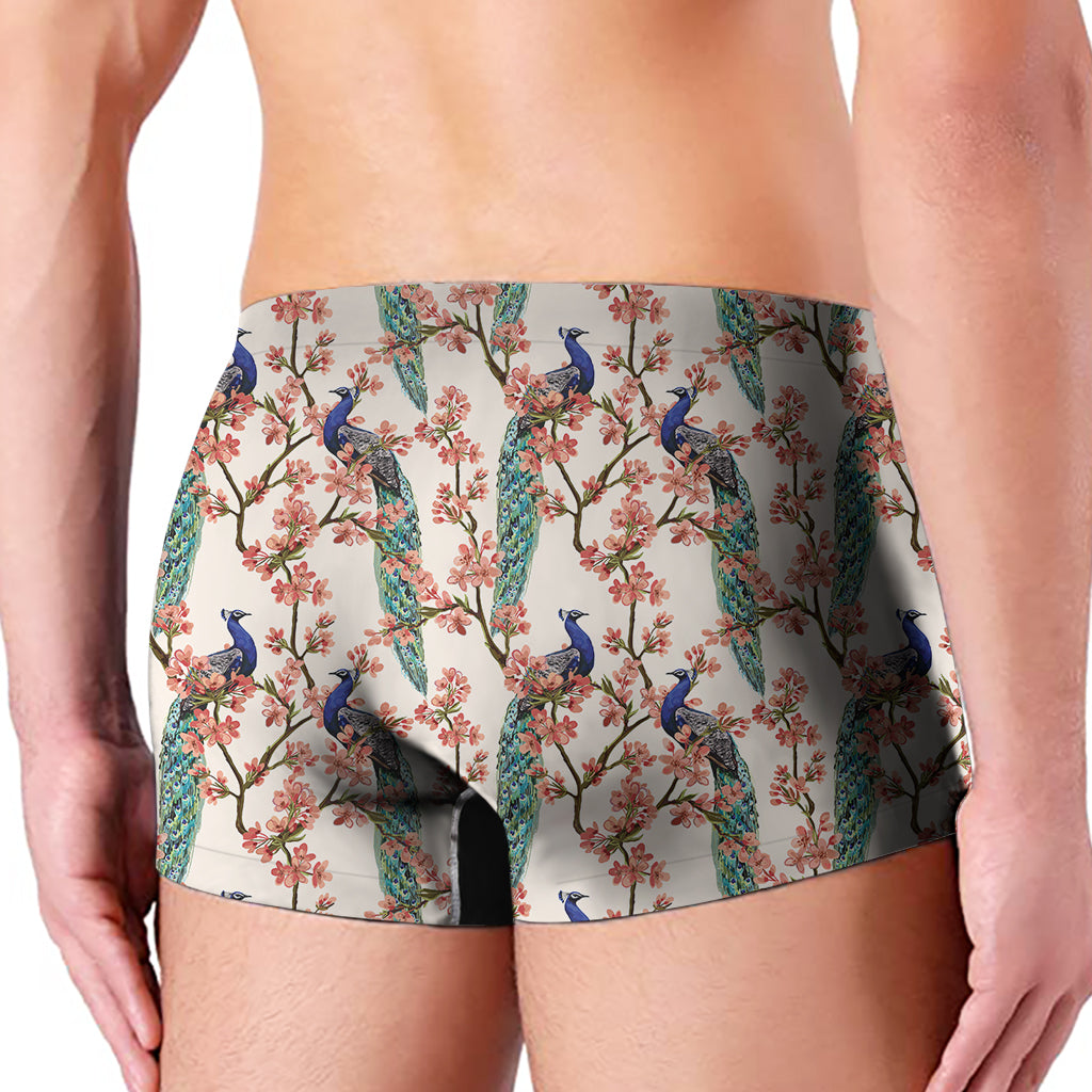 Cherry Blossom Peacock Print Men's Boxer Briefs