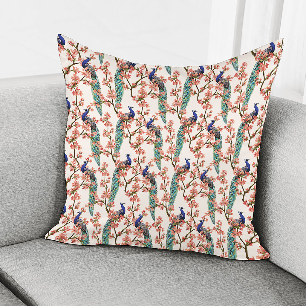 Cherry Blossom Peacock Print Pillow Cover
