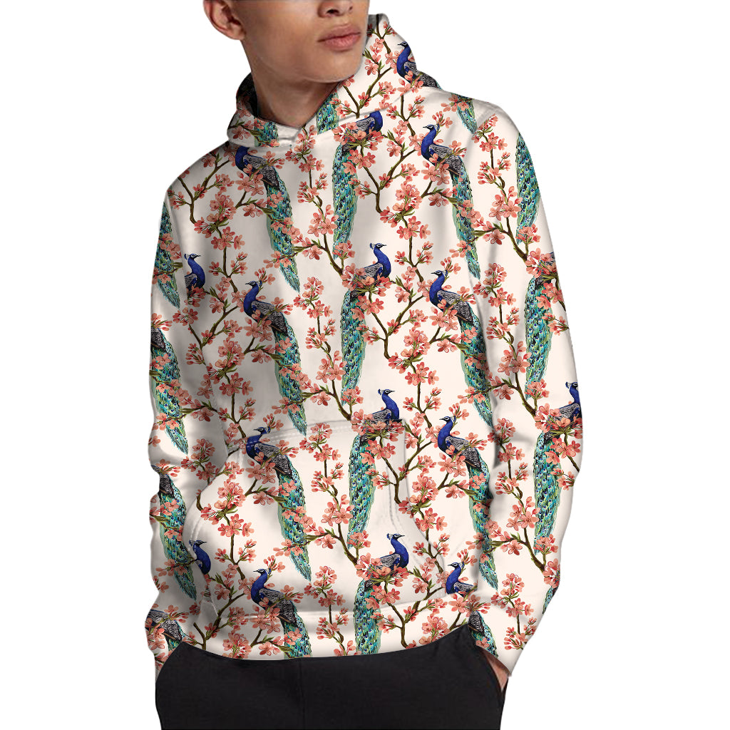 Cherry Blossom Peacock Print Pullover Hoodie