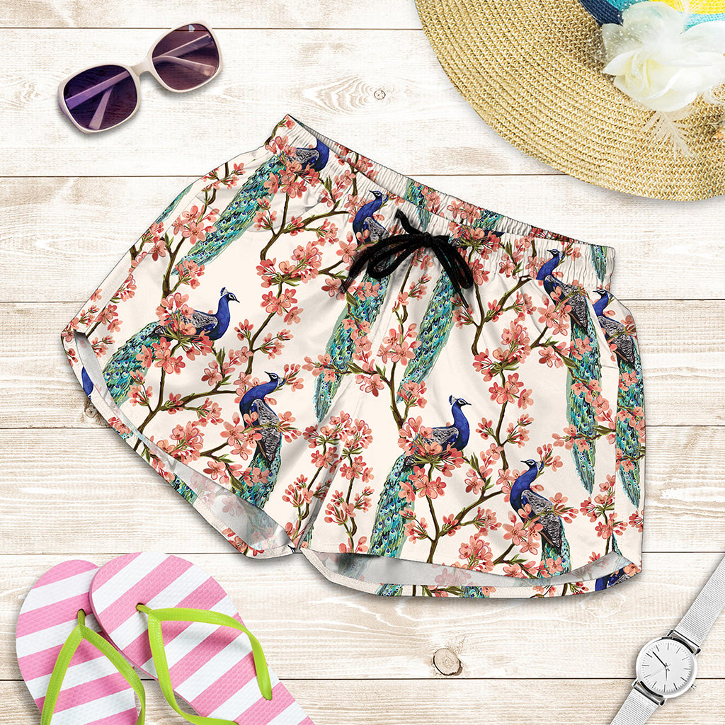 Cherry Blossom Peacock Print Women's Shorts