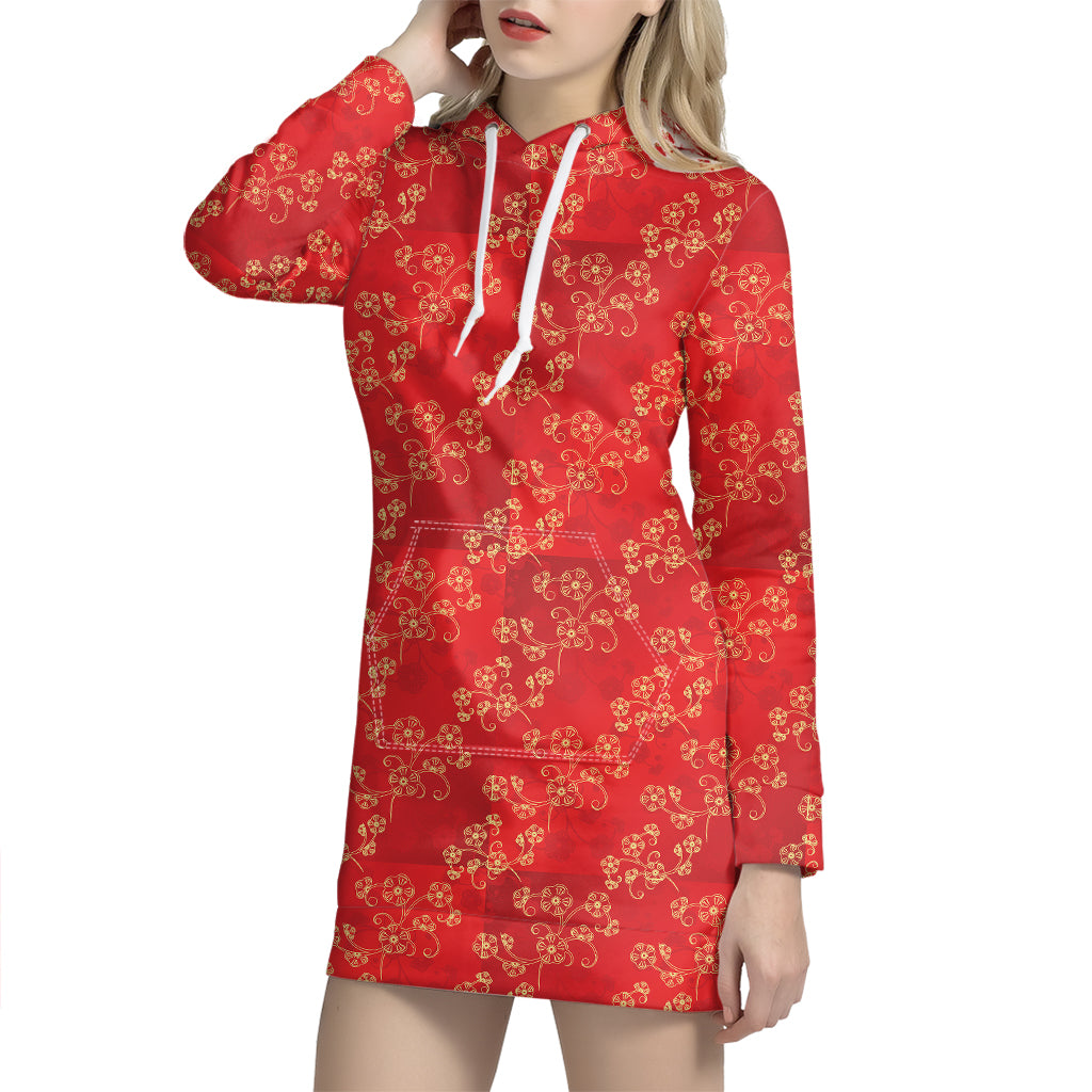 Chinese Cherry Blossom Pattern Print Hoodie Dress