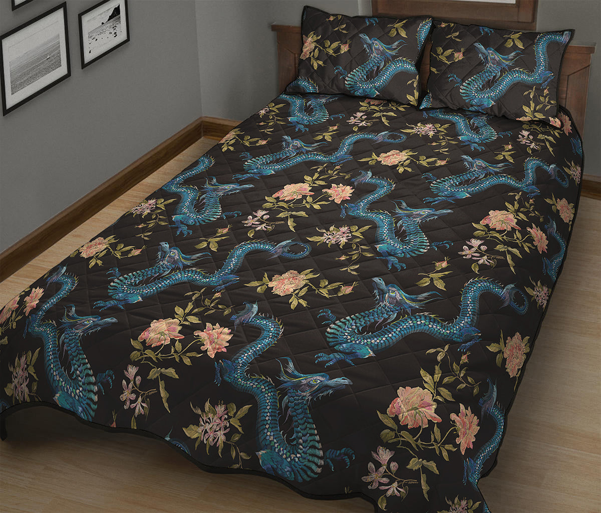 Chinese Dragon And Flower Pattern Print Quilt Bed Set