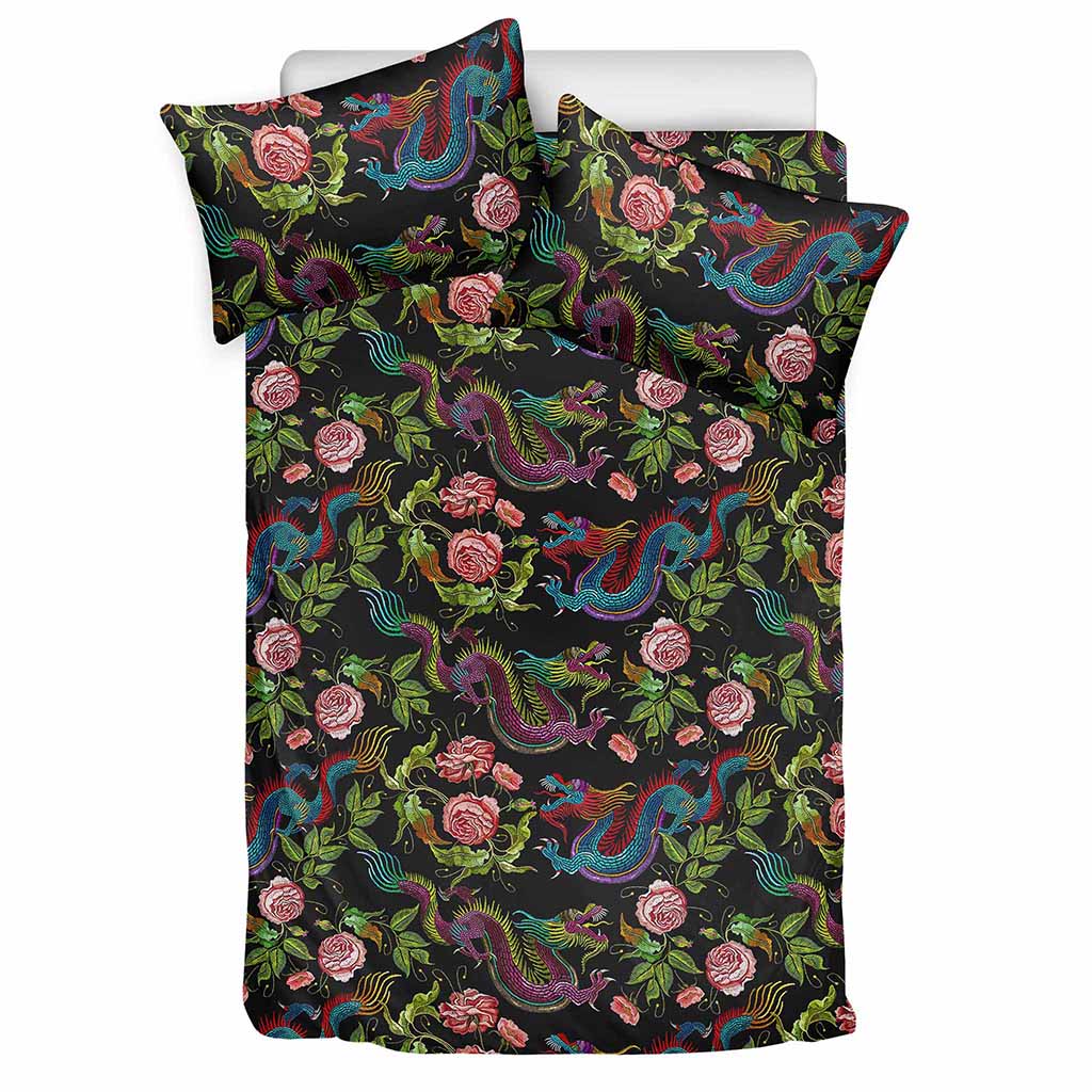 Chinese Dragon Flower Pattern Print Duvet Cover Bedding Set