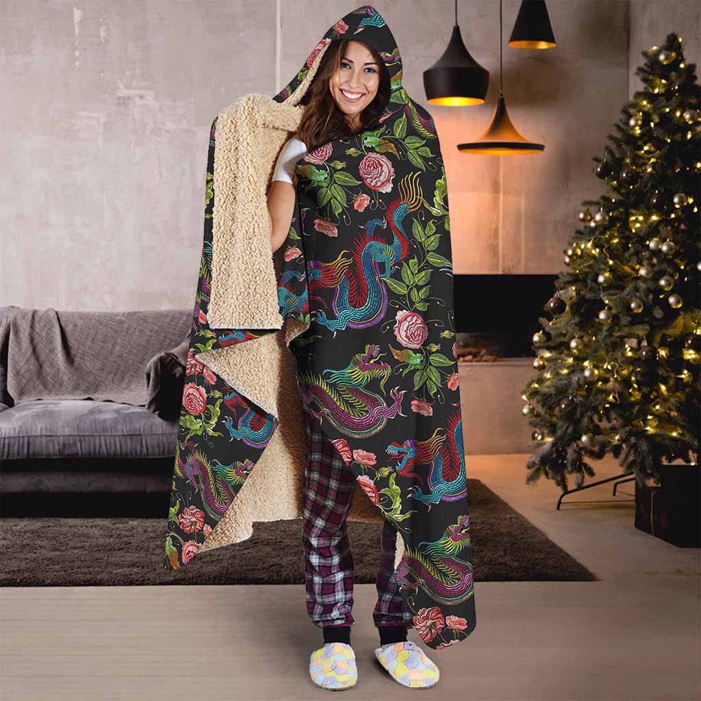Chinese Dragon Flower Pattern Print Hooded Blanket