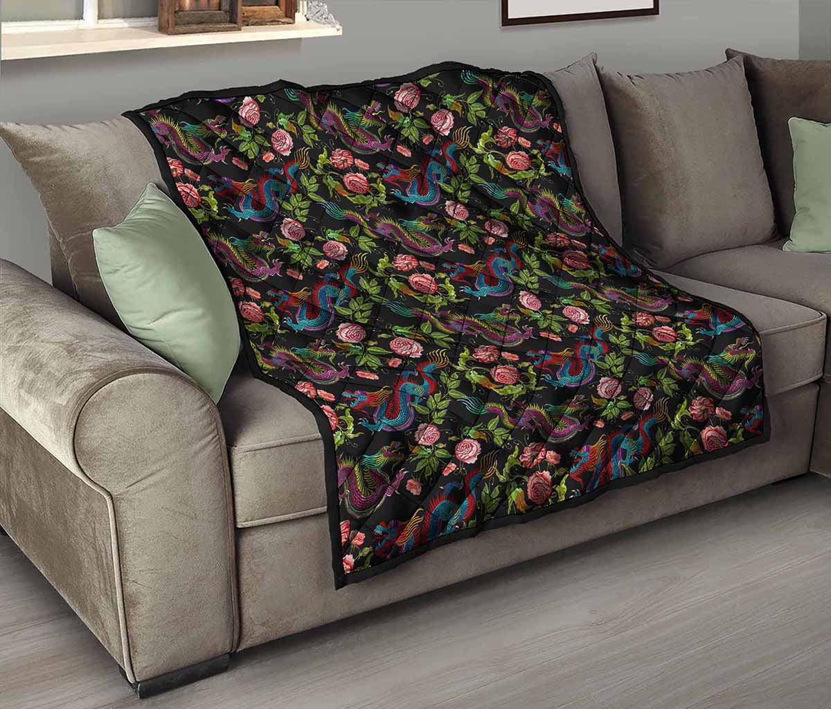 Chinese Dragon Flower Pattern Print Quilt