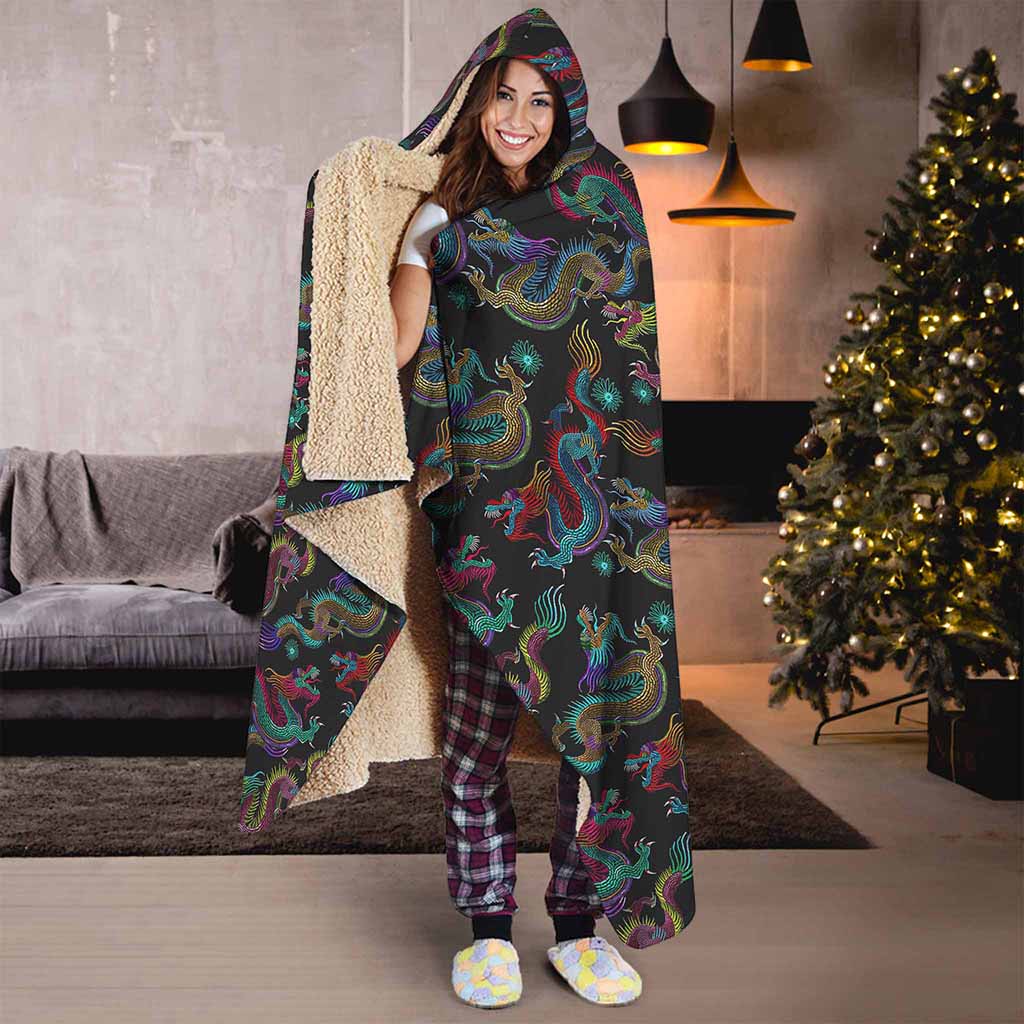 Chinese Dragon Pattern Print Hooded Blanket