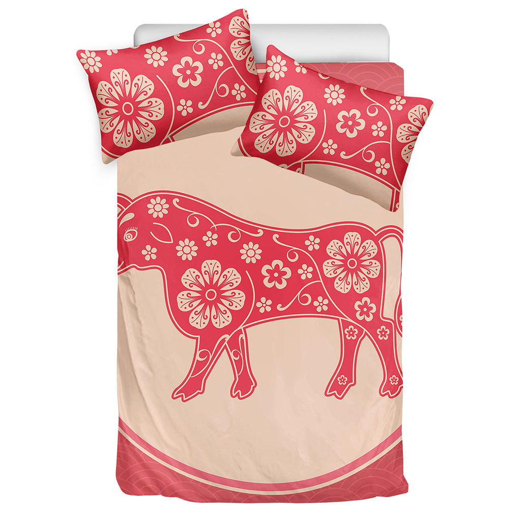 Chinese Flower Ox Zodiac Print Duvet Cover Bedding Set