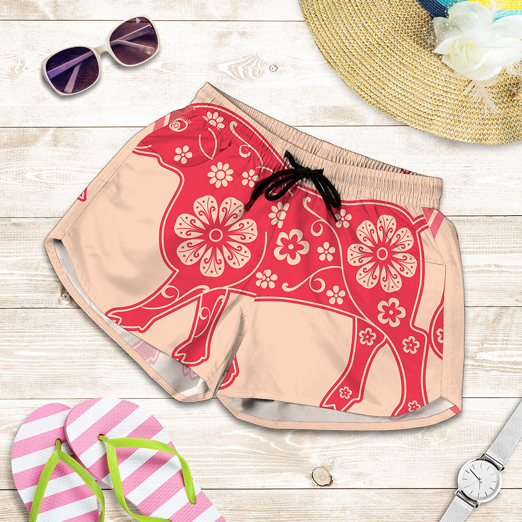 Chinese Flower Ox Zodiac Print Women's Shorts
