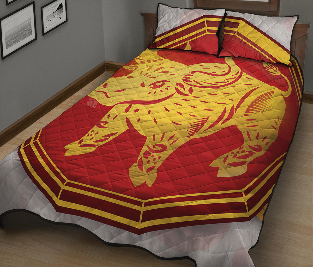 Chinese Ox Zodiac Symbol Print Quilt Bed Set