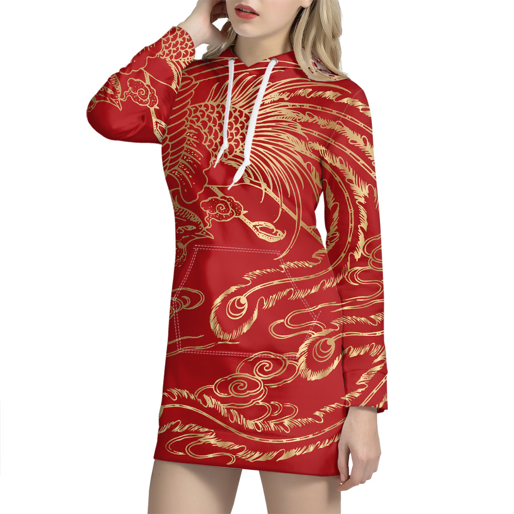 Chinese Phoenix Print Pullover Hoodie Dress